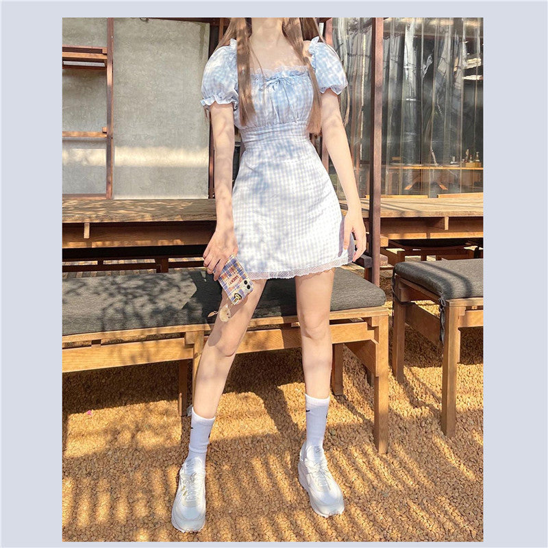 Girly Style Lace Puff Sleeve Blue Plaid Dress