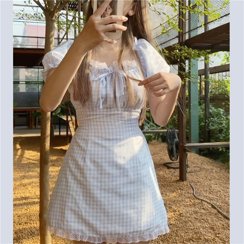 Girly Style Lace Puff Sleeve Blue Plaid Dress