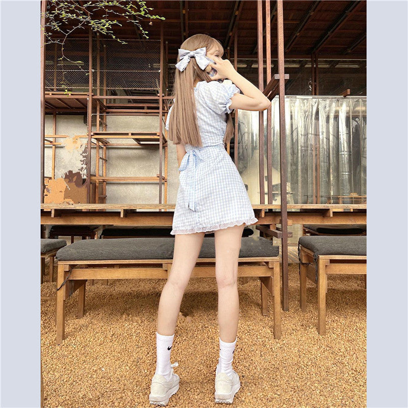Girly Style Lace Puff Sleeve Blue Plaid Dress