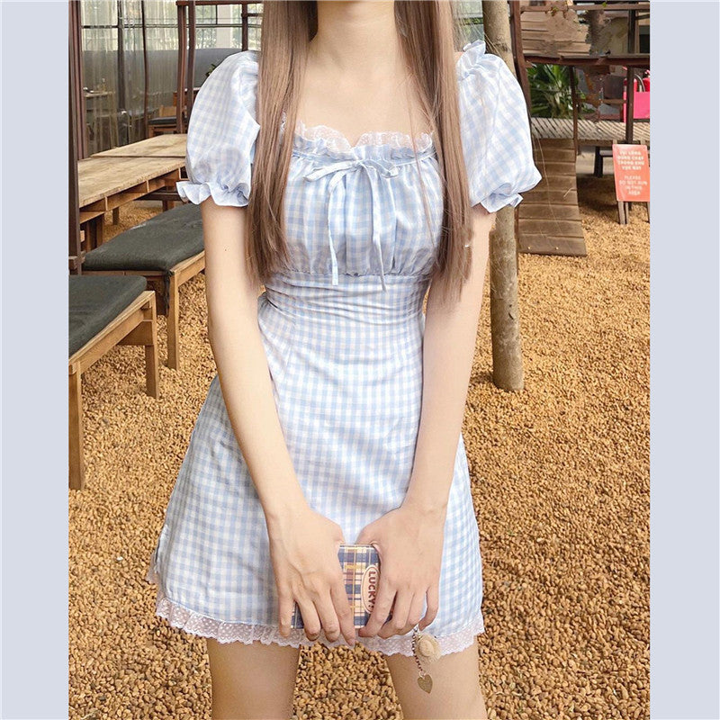 Girly Style Lace Puff Sleeve Blue Plaid Dress