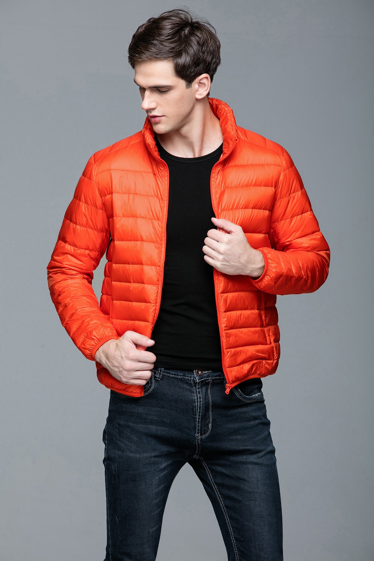 Men's Lightweight Down Jacket Stand Collar Short Slim Fit Warm Jacket