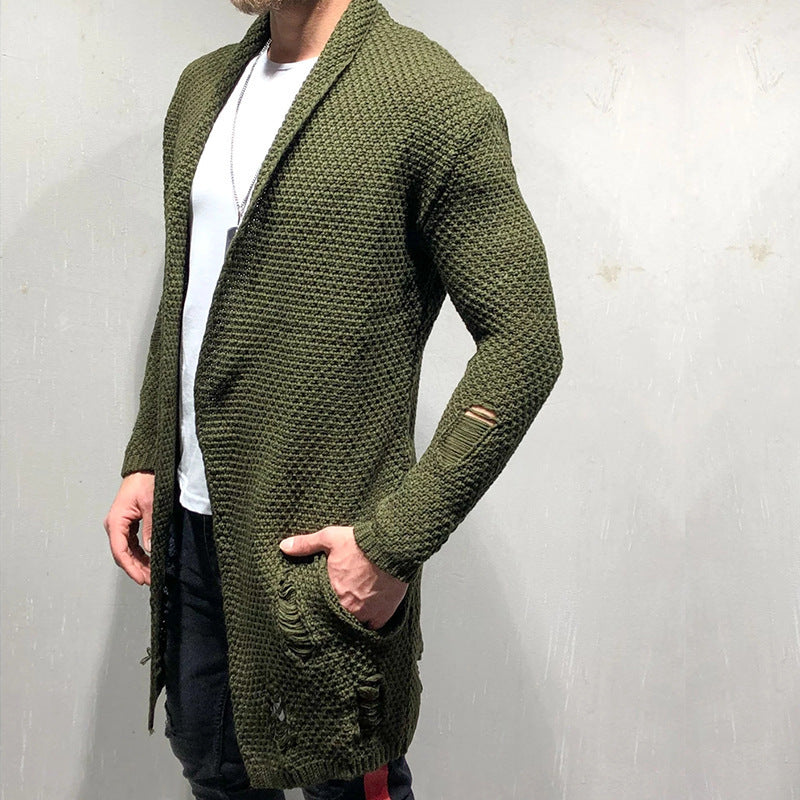 Autumn And Winter New Foreign Trade Cardigan Sleeve Holes Men's Wear Medium Length Cardigan Sweater Knitwear