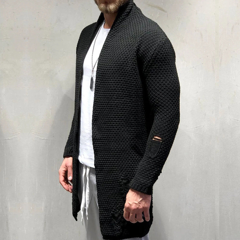 Autumn And Winter New Foreign Trade Cardigan Sleeve Holes Men's Wear Medium Length Cardigan Sweater Knitwear