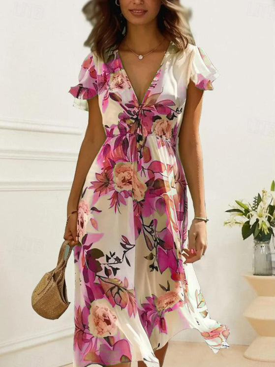 Printed Bohemian Women's V-neck Mid-length Dress Sleeveless Summer