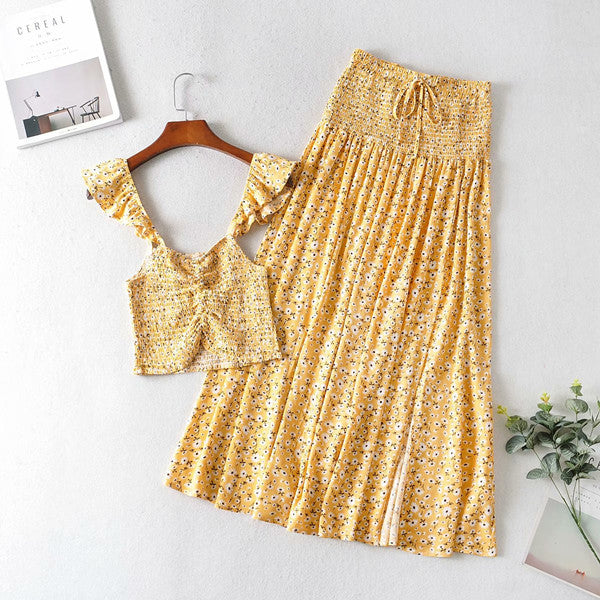 Two-piece Dress With Lotus Leaf Sleeves Sling Slit