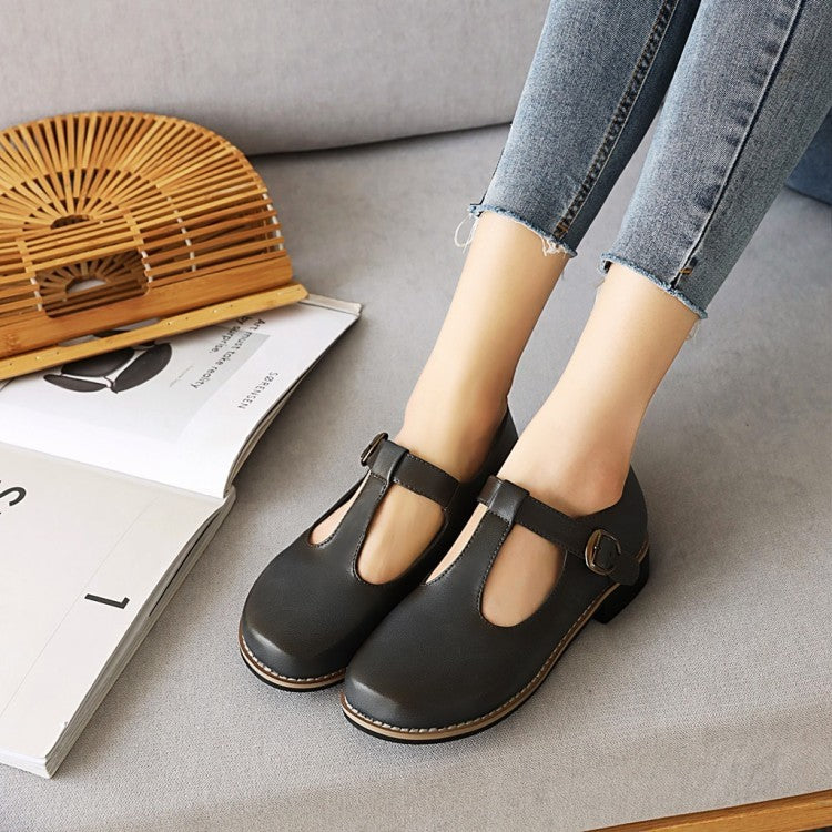 Women Flats Round Toe Shallow Mouth Mary Jane  Ankle Strap Buckle