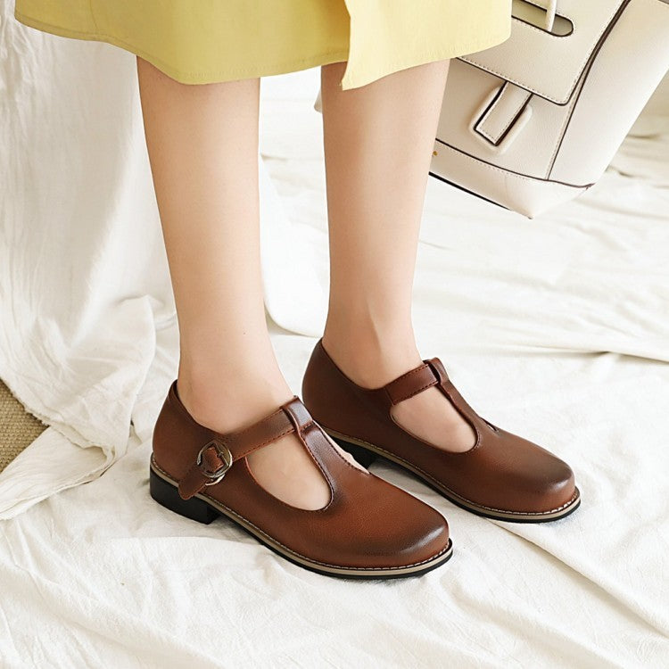 Women Flats Round Toe Shallow Mouth Mary Jane  Ankle Strap Buckle