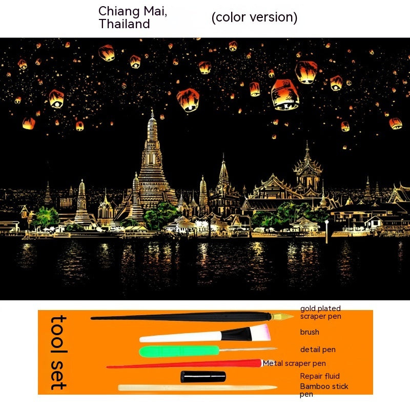 Colourful City Night Scene Hand Scratch Painting