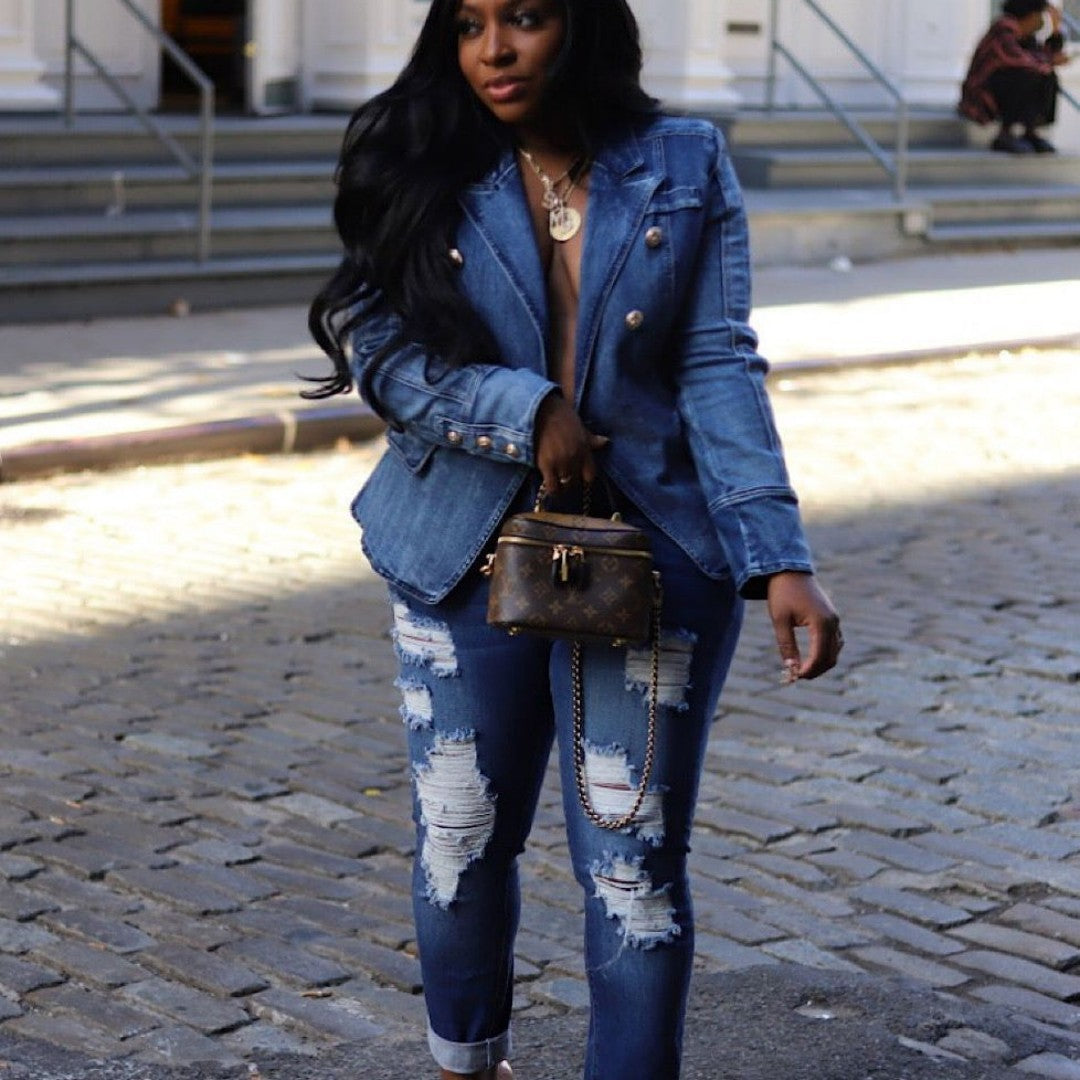 Women's European And American Slim Double-breasted Denim Suit Jacket