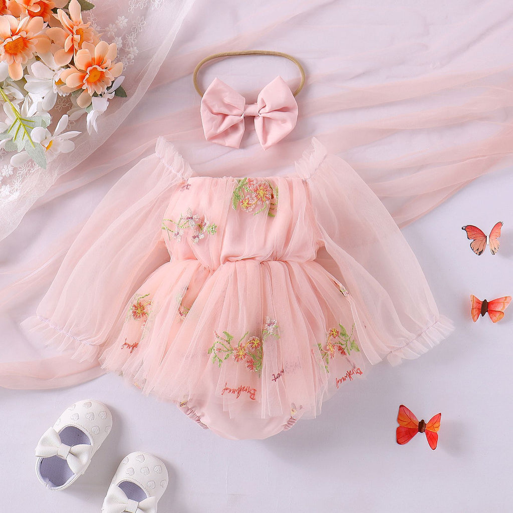 Baby Girl Jumpsuit Infant Long Sleeve Mesh Flower Embroidered Skirt Bottom-covering Rompers