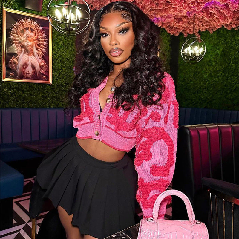 Fall Fashion Sweet Color-block V Neck Buckle High Waist Slim-fit Knitted Top Women