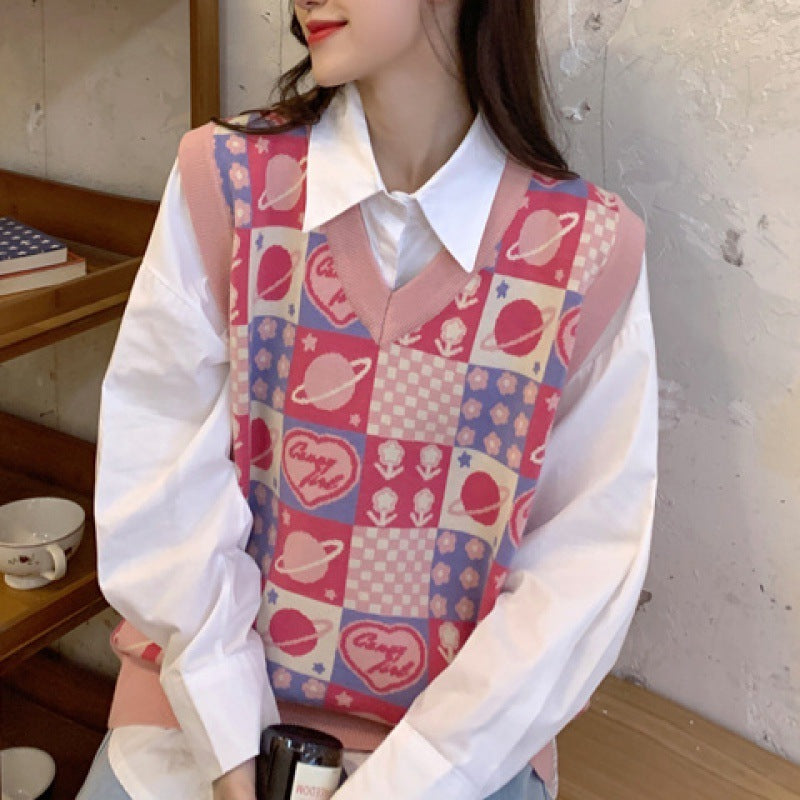 Women's Fashion Chessboard Plaid Vest Knitted