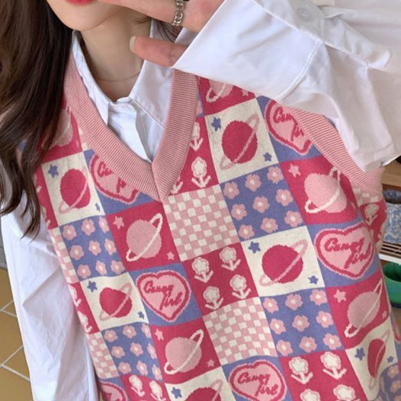 Women's Fashion Chessboard Plaid Vest Knitted
