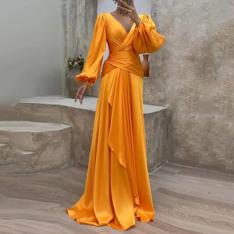 Fitted Waist Pleated Long Sleeve Temperament Slimming Dress