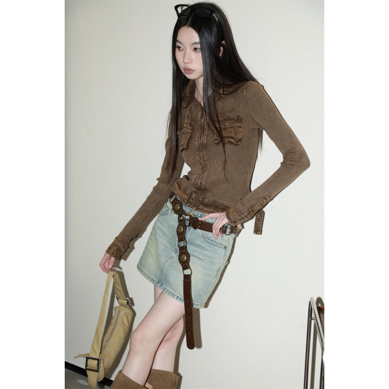 Distressed Three-dimensional Pocket Patchwork Retro Workwear Zipper Jacket Long-sleeved Top