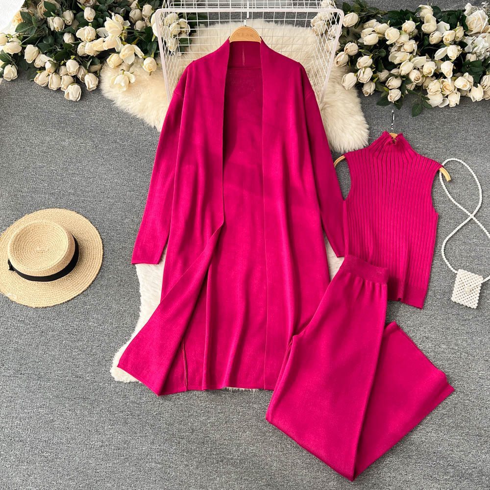 Autumn New Lazy And Loose Knitting Suit Women's Long Shawl Cardigan Turtleneck Sweater Wide Leg Pants Three-piece Set