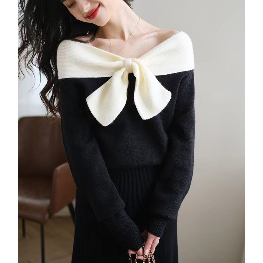 Design Niche Off-shoulder Bow Top Women's Spring New Black Knitted Chic Inner Wear T-shirt