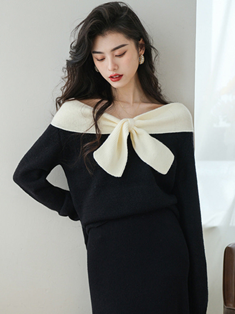 Design Niche Off-shoulder Bow Top Women's Spring New Black Knitted Chic Inner Wear T-shirt