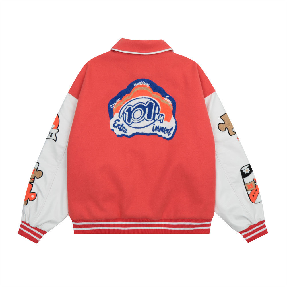 Cartoon Embroidery Contrast Color Stitching Thickening Quilted Baseball Jacket For Men