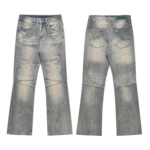 European And American Style Washed Pocket Stitching Zipper Slightly Flared Overalls