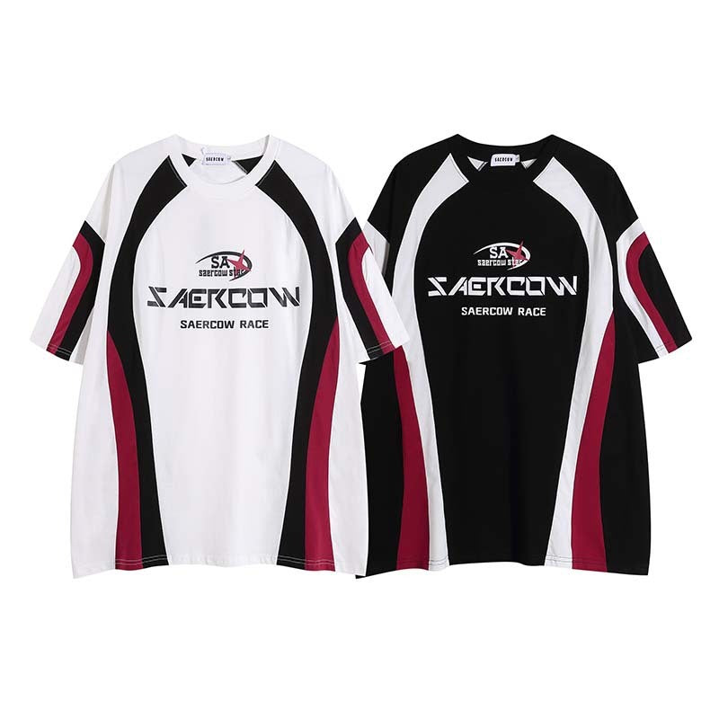 Retro Racing Style Letter Multicolor Printing Round Neck Short Sleeve T-shirt