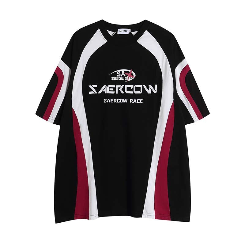 Retro Racing Style Letter Multicolor Printing Round Neck Short Sleeve T-shirt