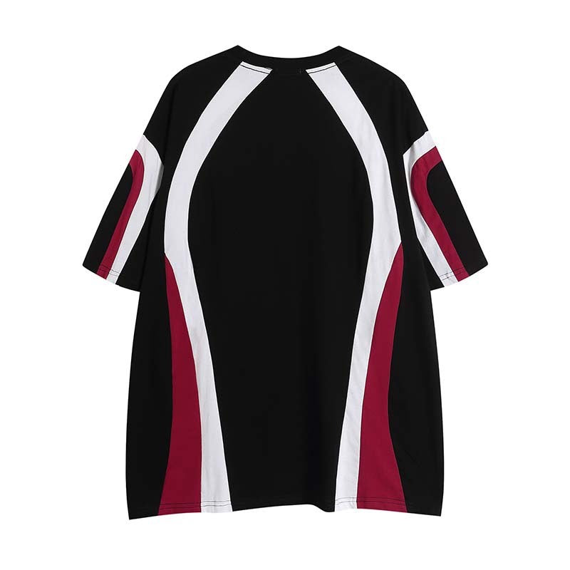 Retro Racing Style Letter Multicolor Printing Round Neck Short Sleeve T-shirt