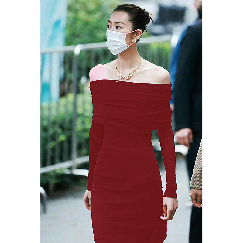 Knitted Off-shoulder Long Sleeve Fishtail Dress Ins Spring French Retro