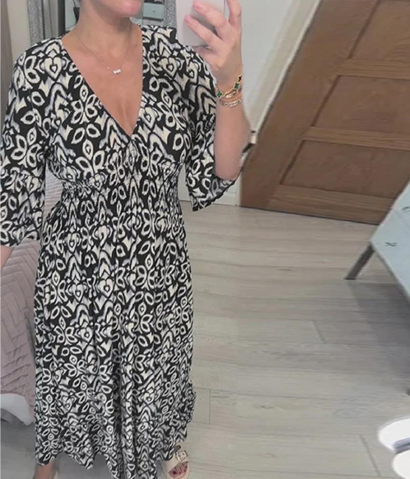 Fashion Flared Sleeves V-neck Printed Dress