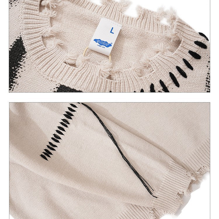 CREW NECK KNIT Collar Fringe Printed Wool Top