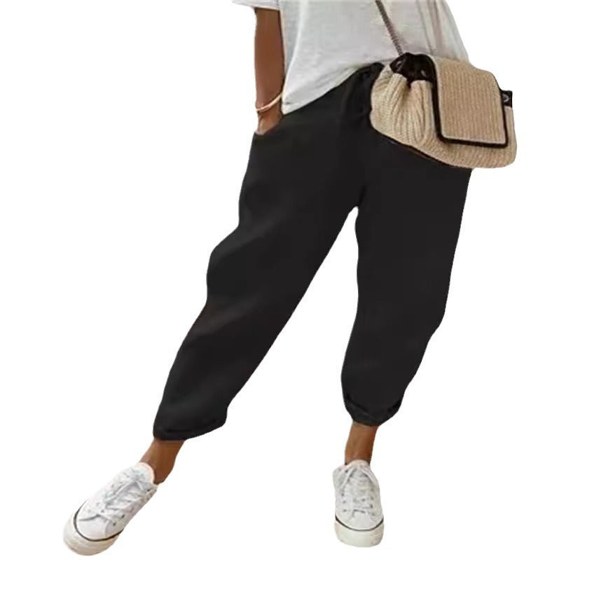 Cotton Linen Elastic-waist Cropped Pants Casual Women's Pants