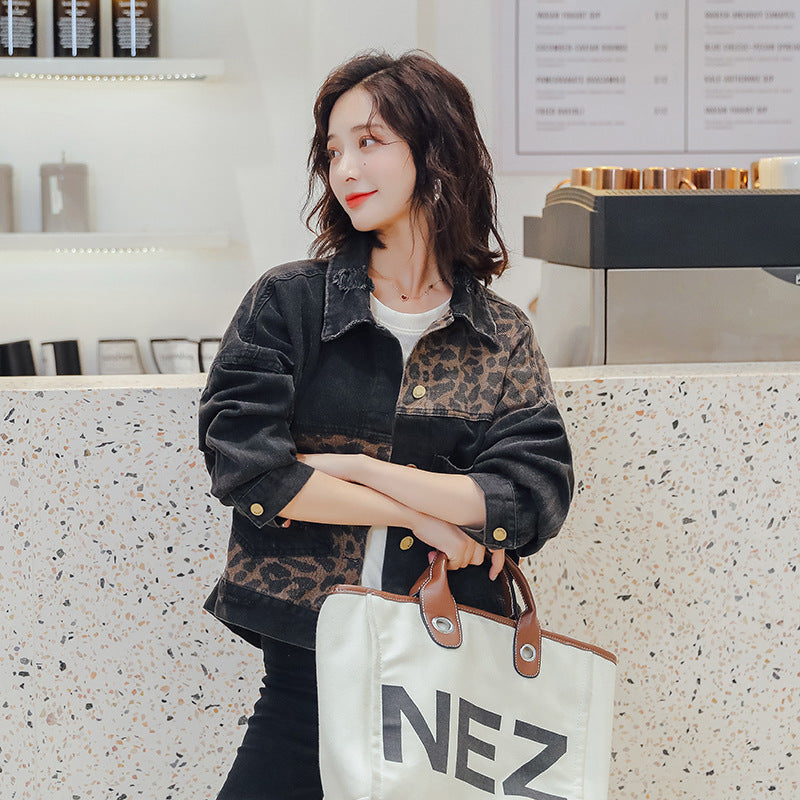 Leopard stitched denim jacket