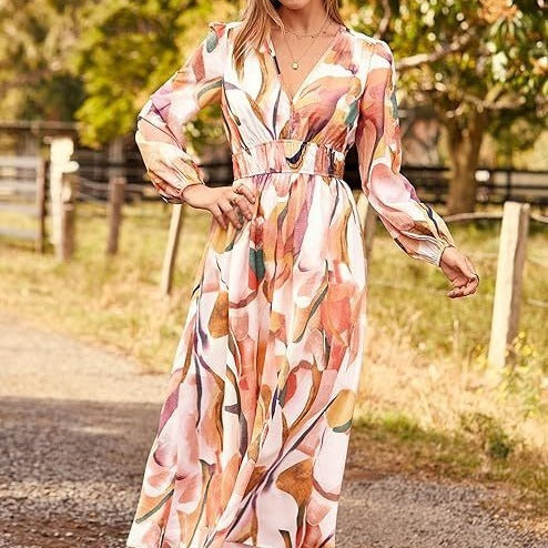 Spring NEW Long Casual Long Sleeve V-neck Printed Beach Long Flowy Dress