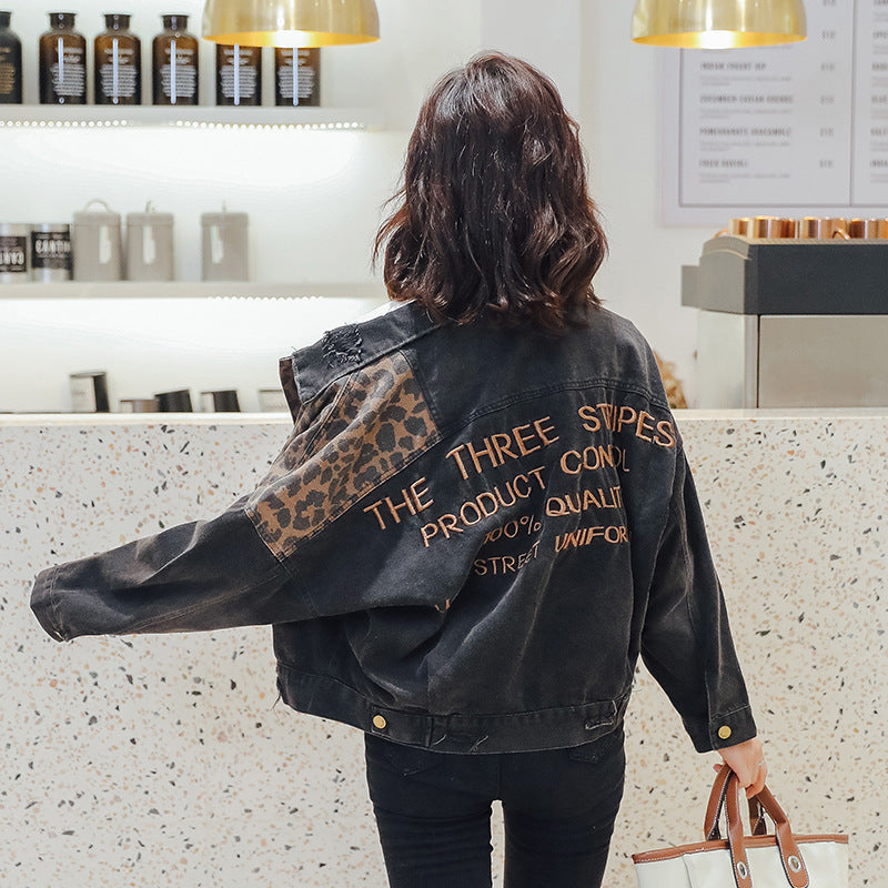 Leopard stitched denim jacket