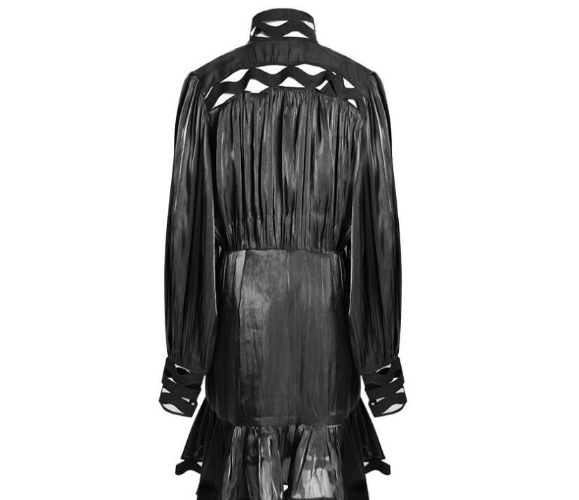 Korean version of the temperament solid color hollow wavy striped stand collar long-sleeved shirt fishtail dress