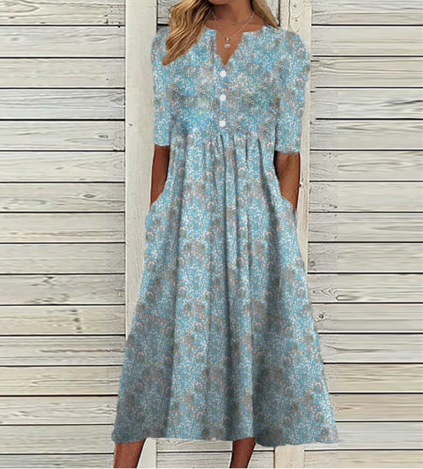 Casual Flower Print Pocket Pleated V-neck Button Dress