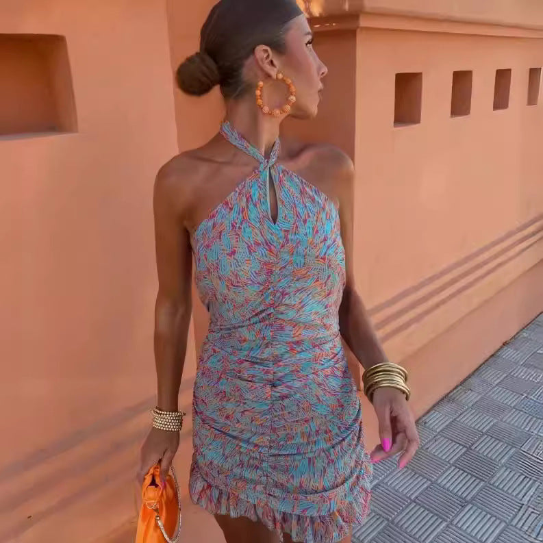 Cross-border European And American Women's Clothing Printing Cross-halterneck Dress