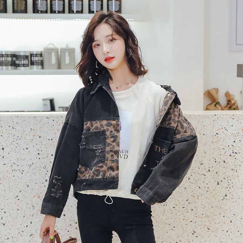 Leopard stitched denim jacket