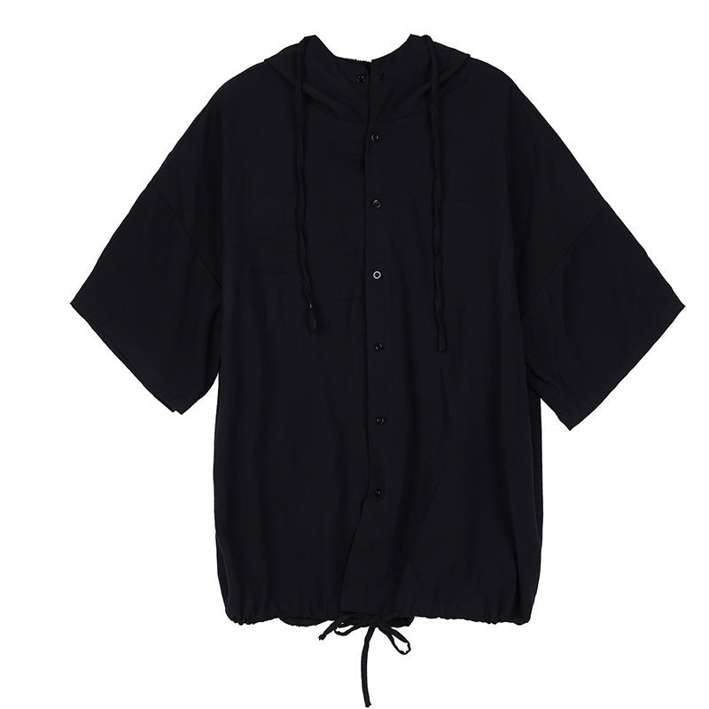 Hooded loose drop shoulder drawstring shirt