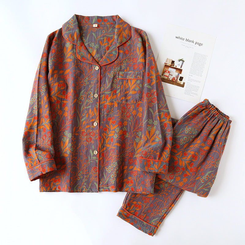 Cotton Yarn-dyed Jacquard Vintage Leaf Pajamas Suit Women