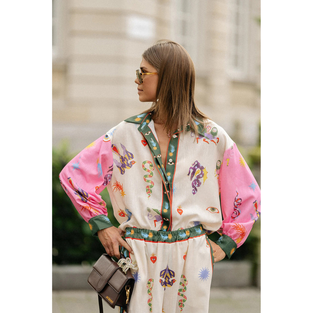 Long Sleeve Pocket Abstract Printing Loose Casual Two-piece Suit Women