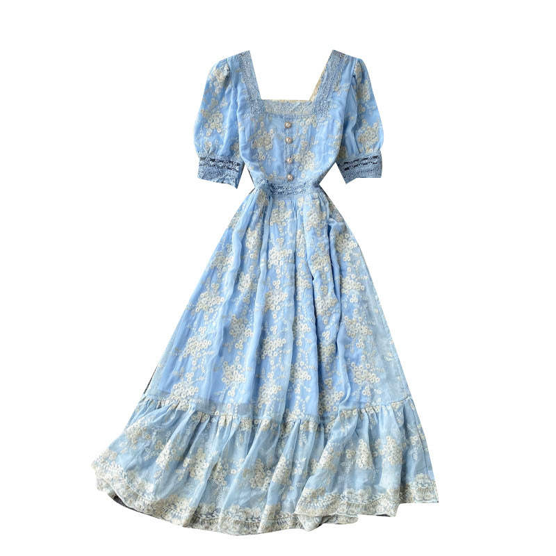 Women's Vintage Heavy Duty Embroidered Lace Square Neck Slim Fit Mid Length Ruffle Dress