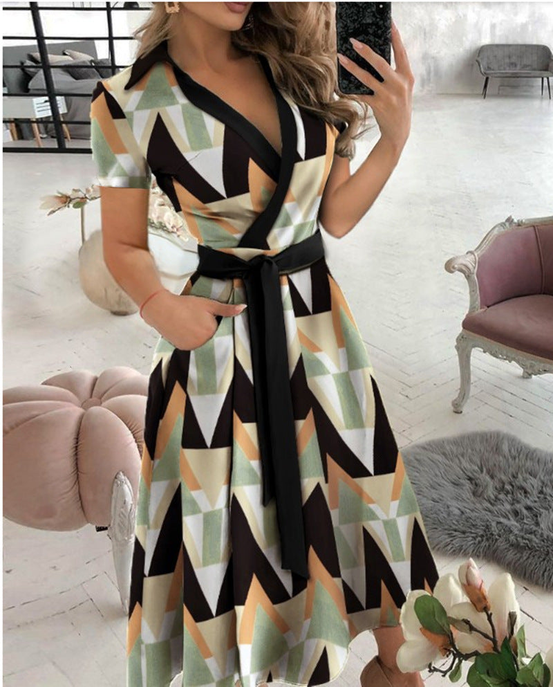 Fashion Long Sleeve V-neck Printed Sheath Dress
