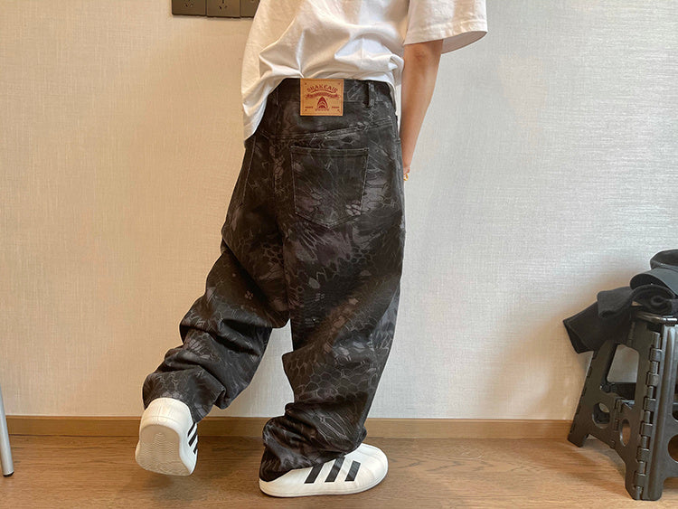Spring Retro Canvas Snake Pattern Camouflage Heavy Washed Ruan Handsome Loose Casual Pants