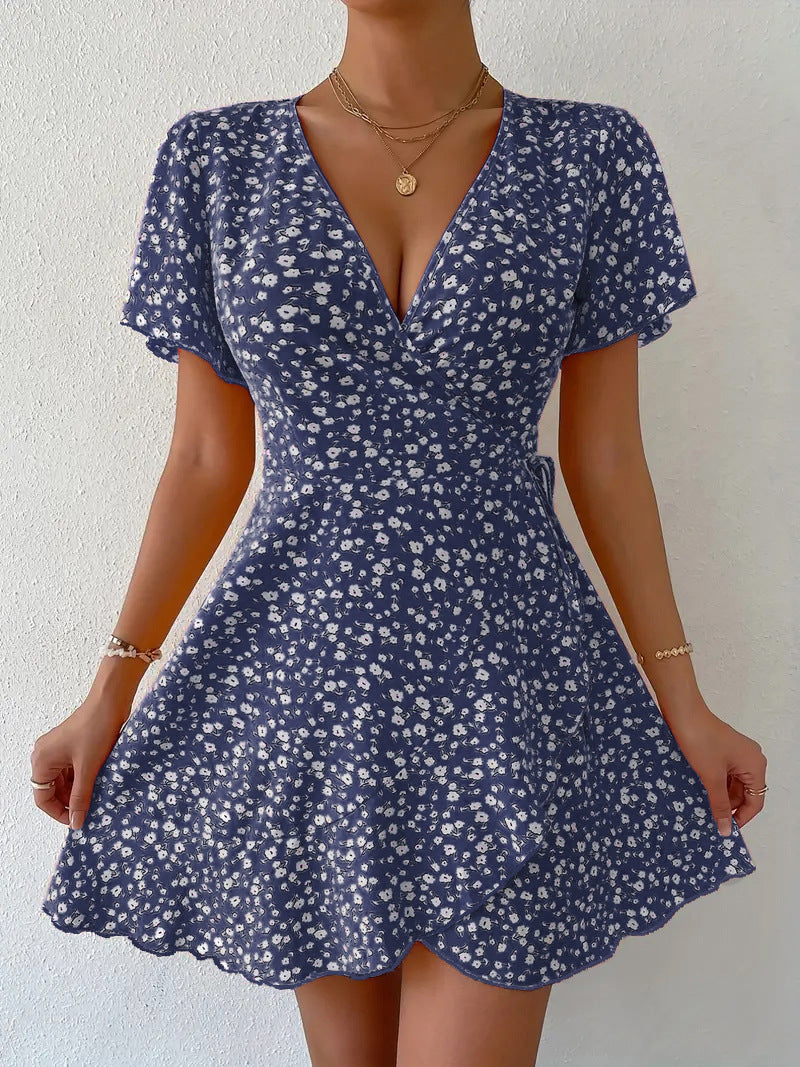 Floral Tie-neck Waist Trimming Short-sleeved V-neck Women's Clothing Dress