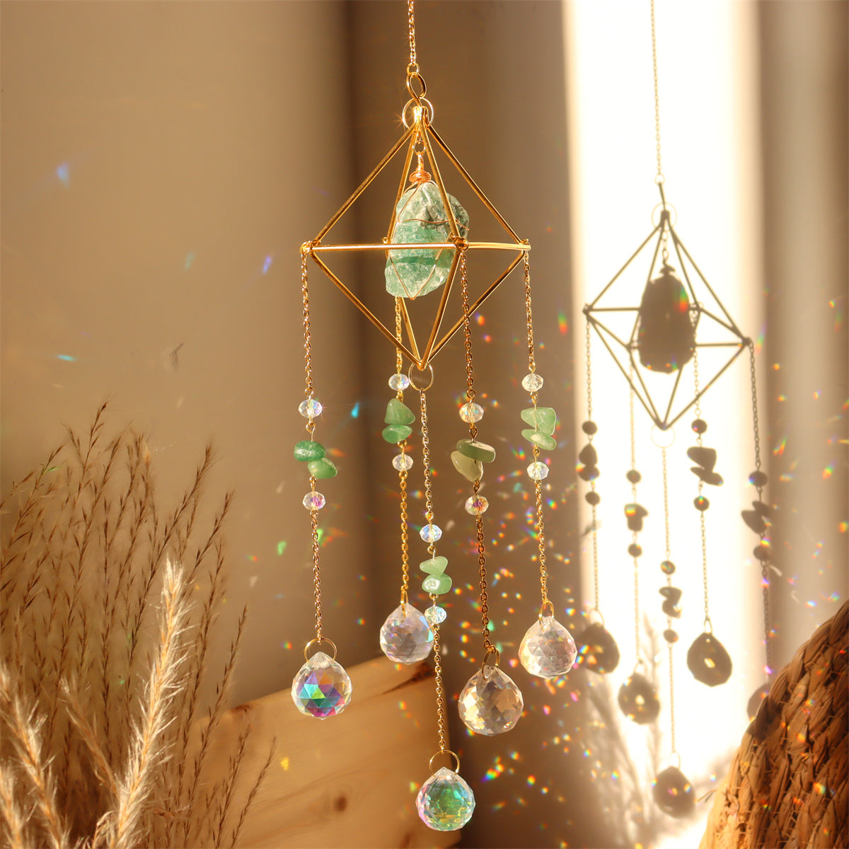 Natural Stone Metal Crystal Ball Wind Chime Pendant