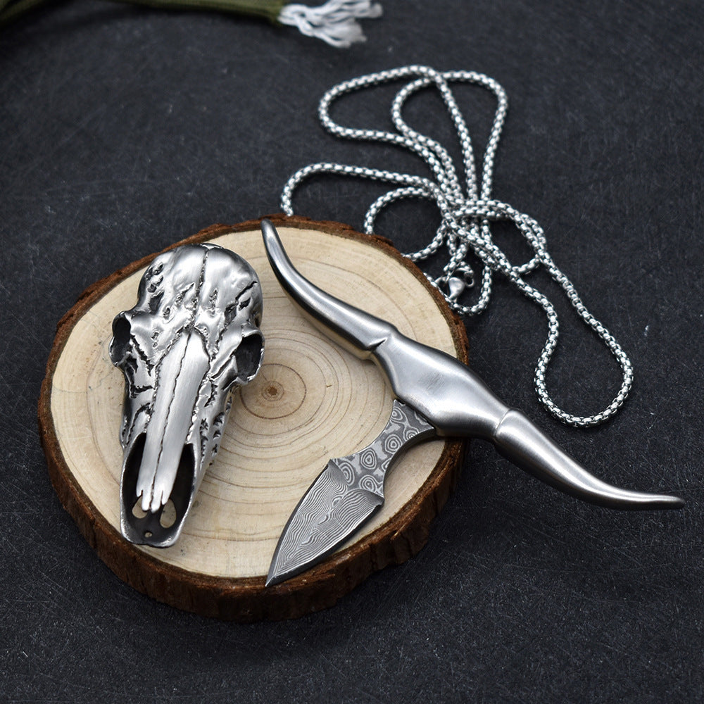 Necklace Knife Pendant Bull Head Damascus Fan Self Defense Tool