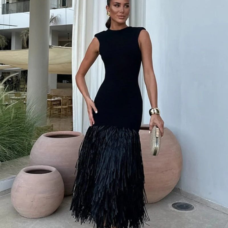 Solid Color Hem Fringe Knitted Halter Dress