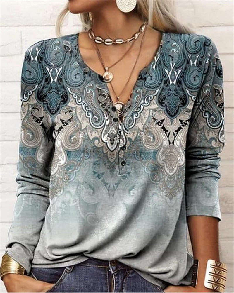 Women's Casual Ethnic Style V-neck Long-sleeved T-shirt