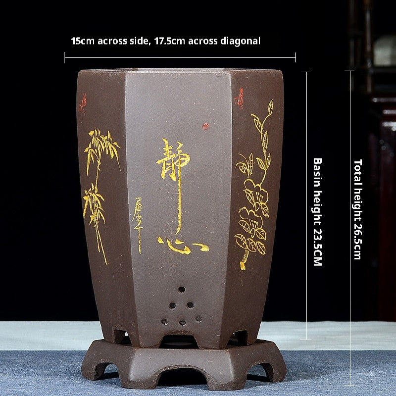 Fine Zisha Flowerpot Hand-carved Hexagonal